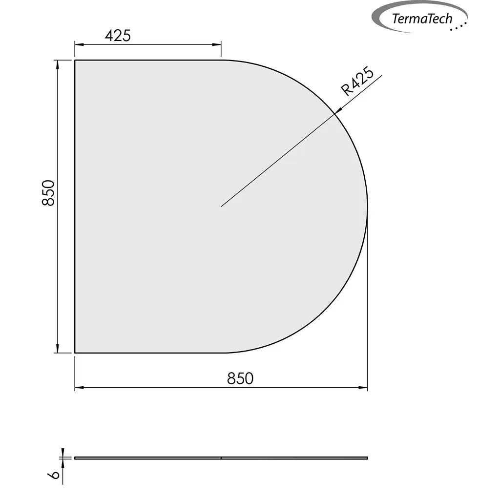 Lige med cirkelbue - 850x850 mm (glas 6 mm)